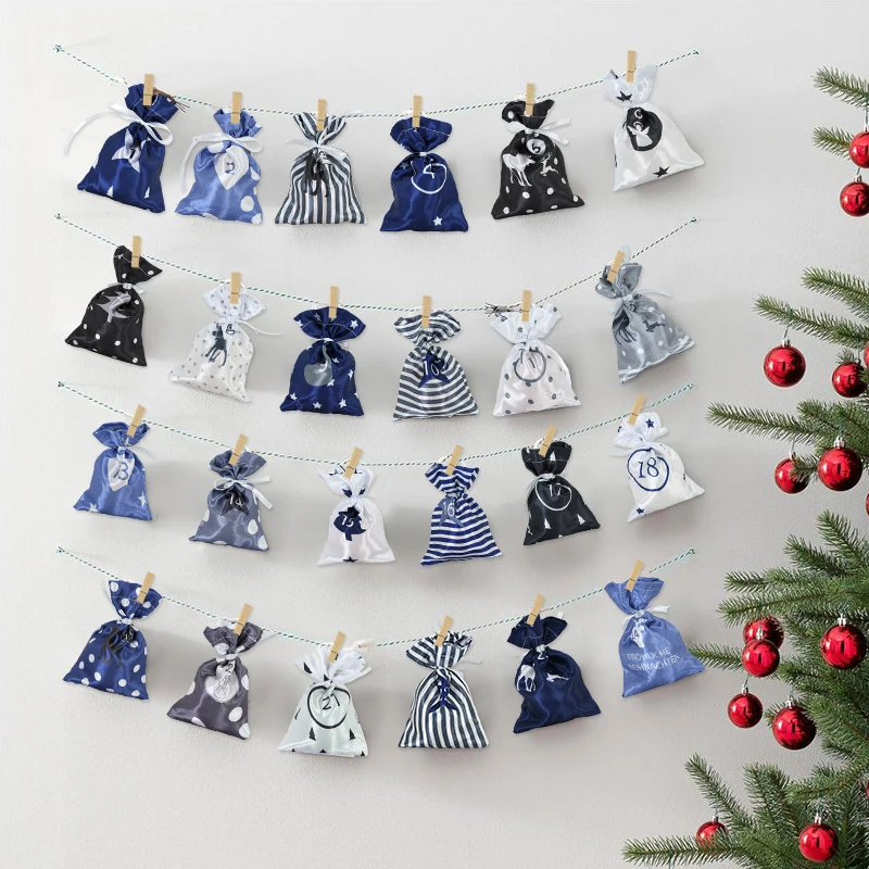 

1set Christmas Advent Calendar Countdown Candy Bag Drawstring Bundle Pocket DIY Xmas Party Decoration Advent Calendrier Gift Bag