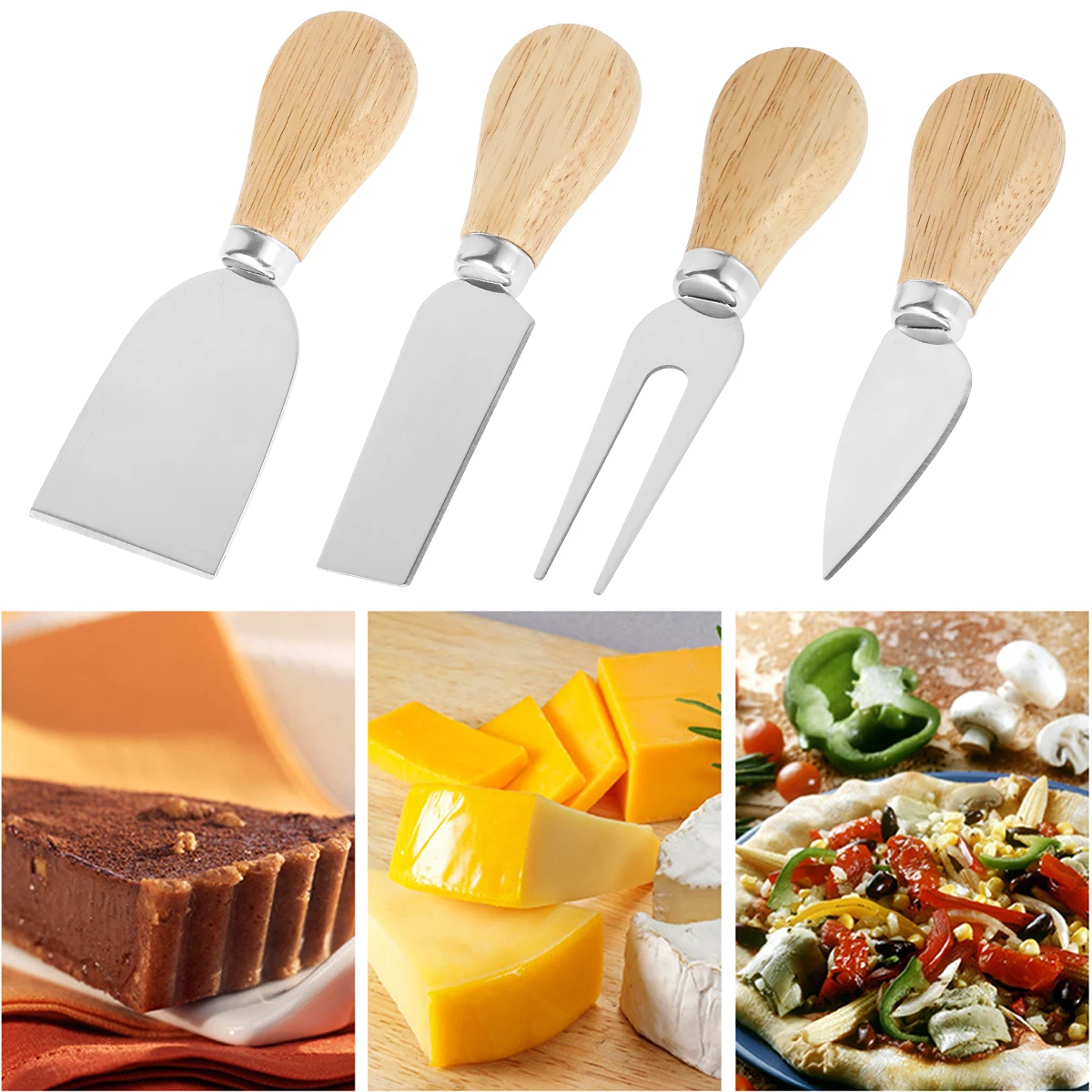 

4pcs Cheese Knives Set Stainless Steel Butter Cutter Cake Spatula Cheese Shovel Fork Knife w/ Wood Handle Kitchen Accessories