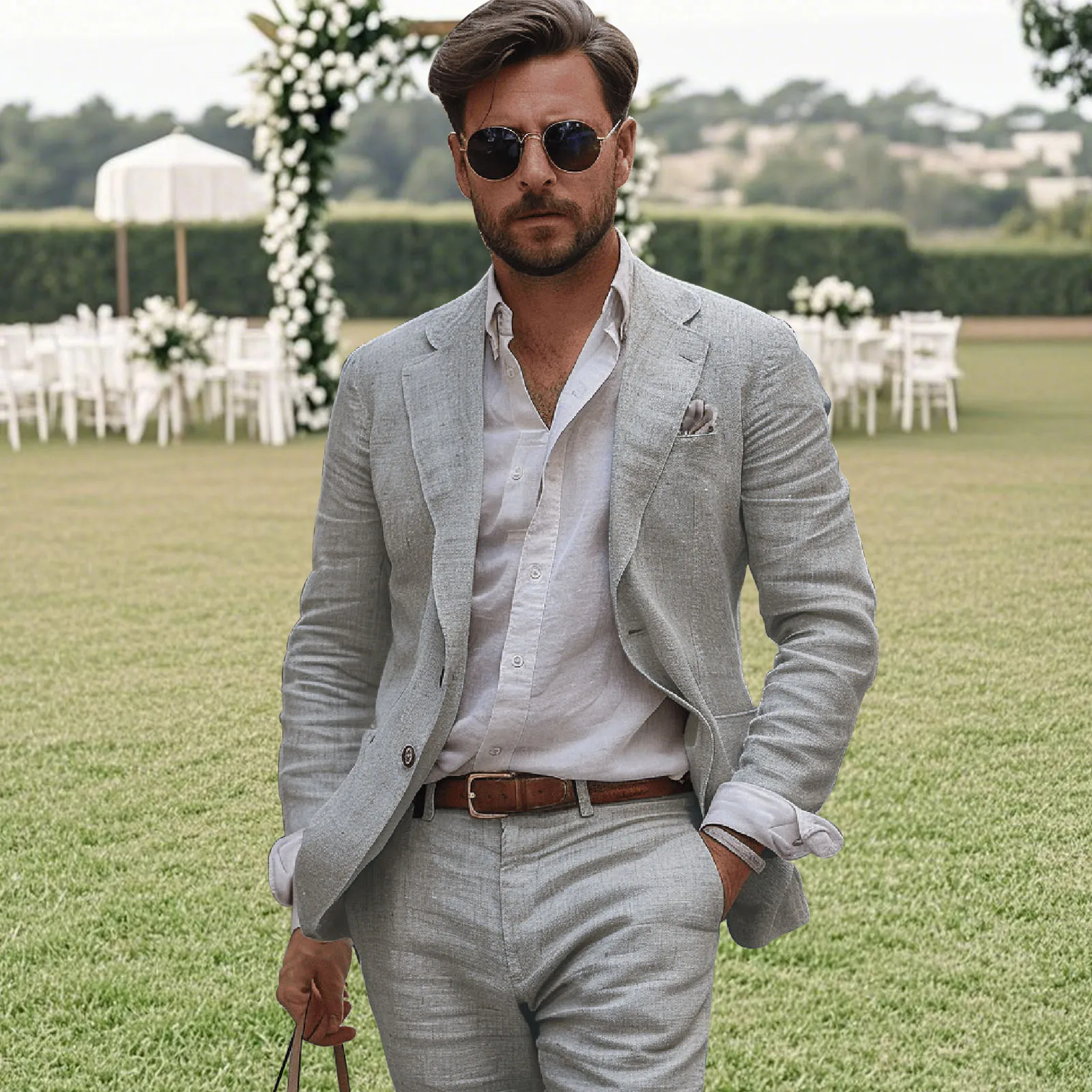 Фото Льняные повседневные костюмы для мужчин Slim Fit Летний пляжный однотонный костюм Смокинг Trajes Para Hombre Ensembles De Blazers Мужские костюмы на заказ №4