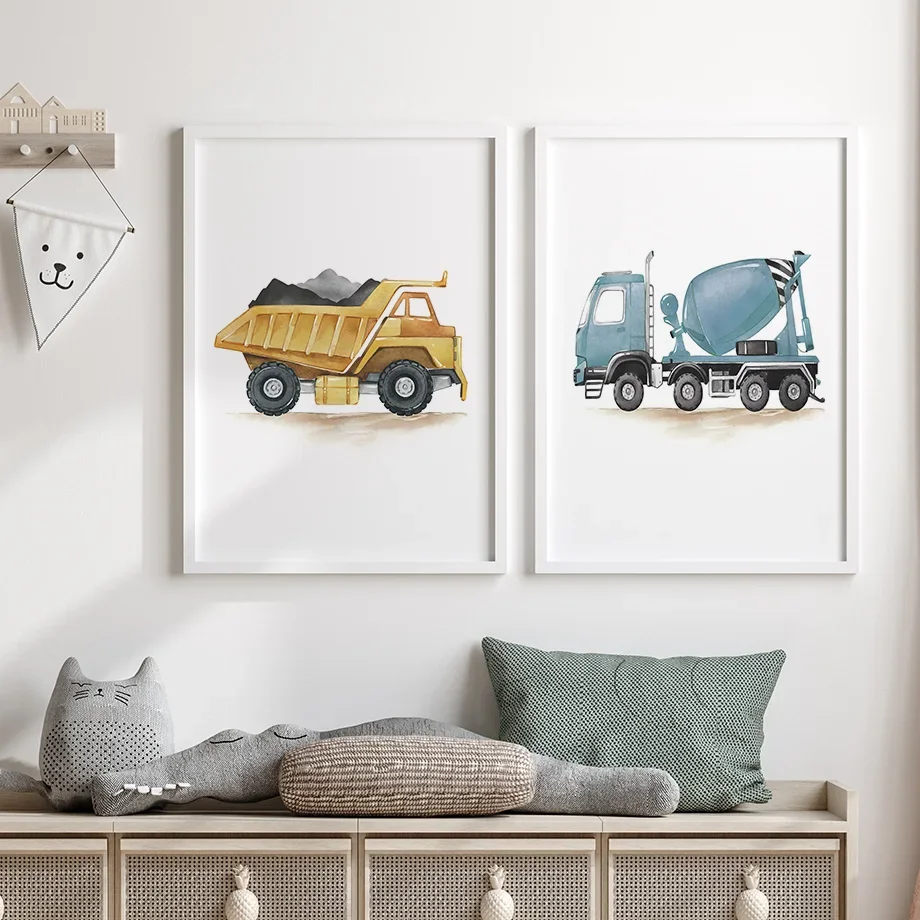 Строительный автомобиль грузовик тракторы детская настенная Картина на холсте