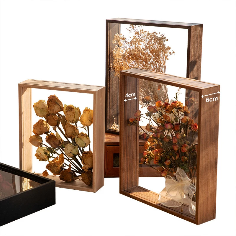 4cm Deep Transparent Shadow Box Frames Bouquet Display Flower Case Deep for Crafts 3D Picture Memorabilia Memory Wooden Tabletop