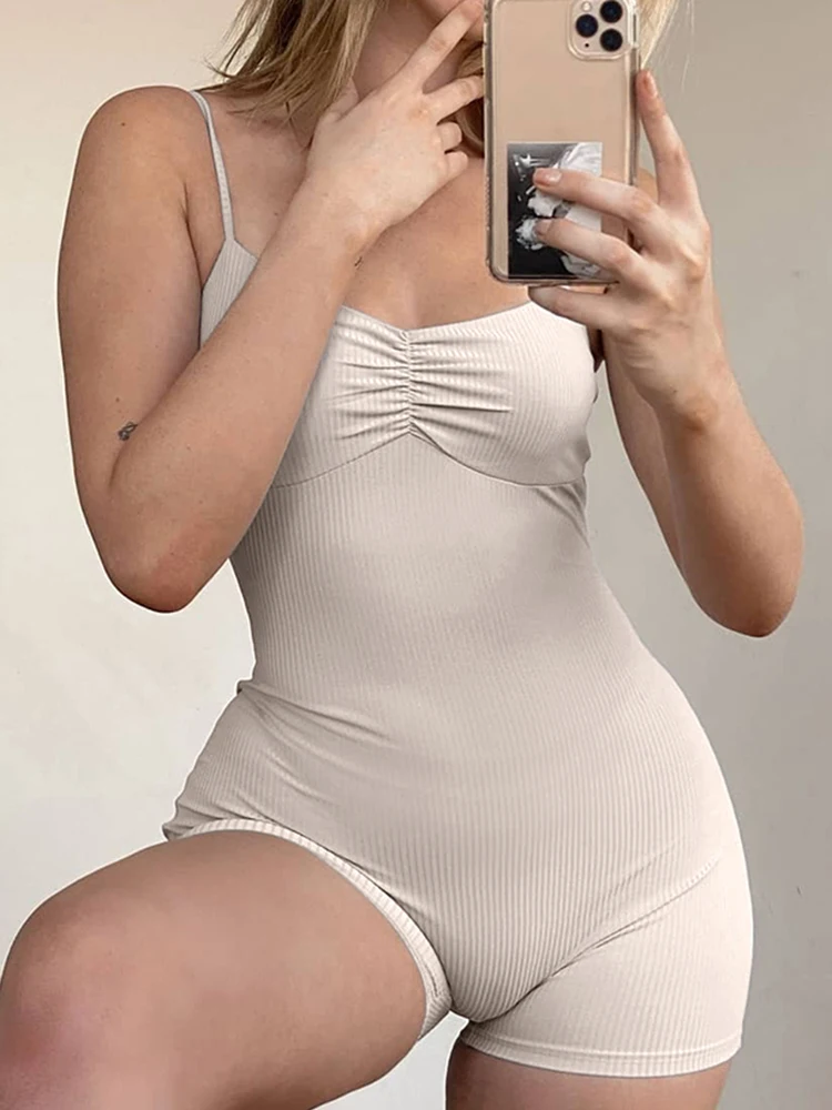 

Waatfaak Sporty Sleeveless Summer Playsuit Strenchy Sexy Shorts Romper Khaki Bodycon Frill Clubwear Outfit Aesthetic Party 2022
