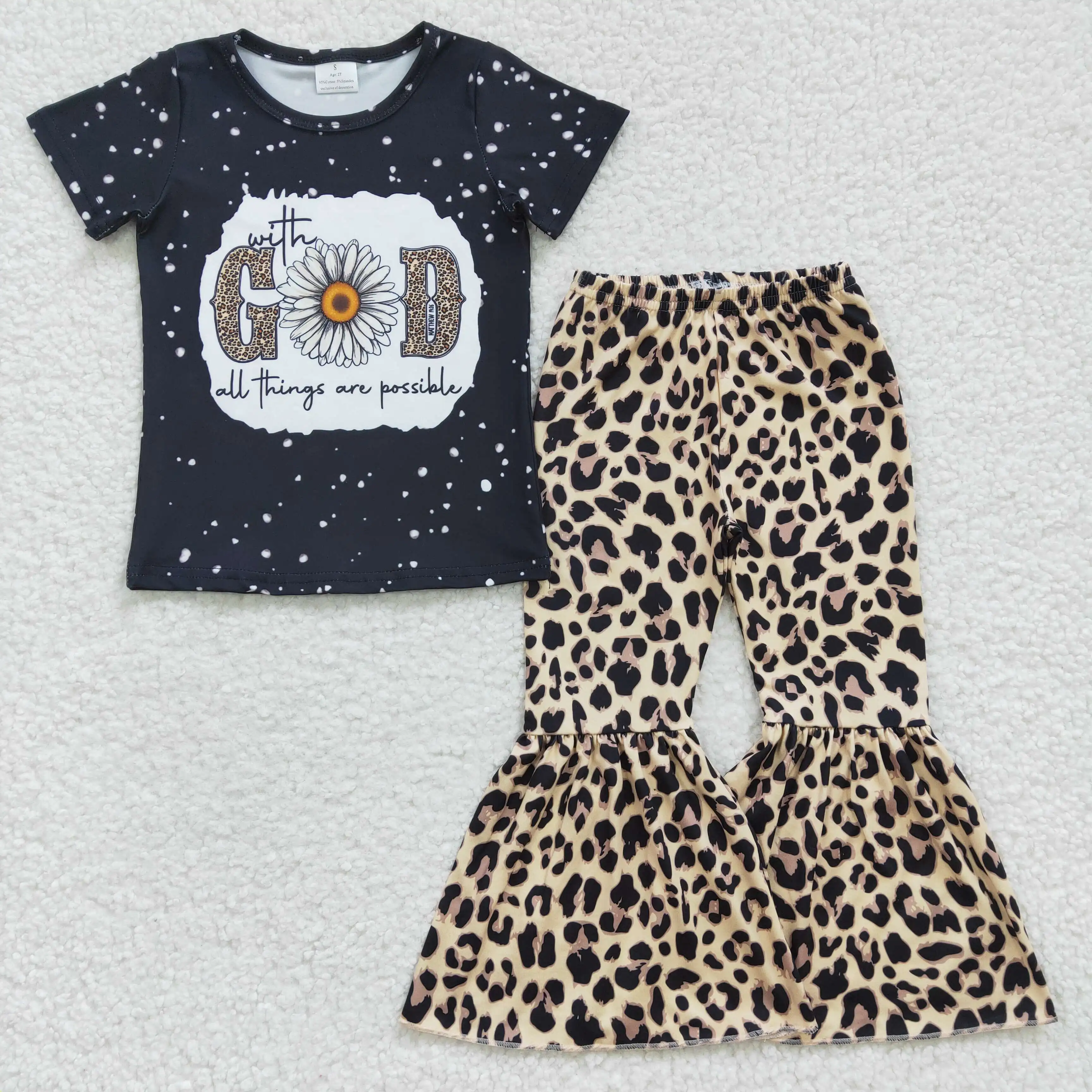 

2023 New Update RTS God Black T Shirt Girls Bell Bottoms Baby Clothing Boutique Sets K​ids Toddler Leopard Outfit