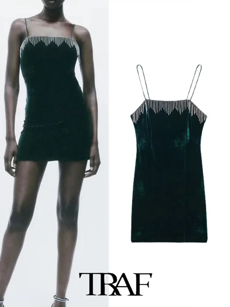 

TRAF 2022 Women Dress Vintage New Fashion Bright Light Flow Velour Mini Sling Dress Woman Lady Female Dress