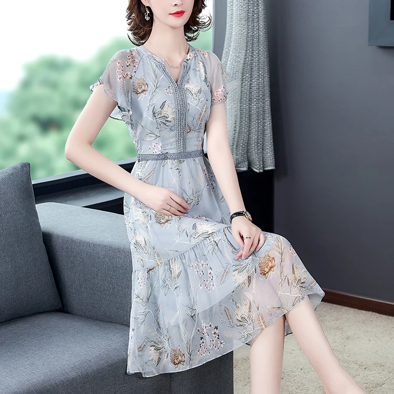 

Женское шифоновое платье-миди с цветочным принтом и рукавом-бабочкой