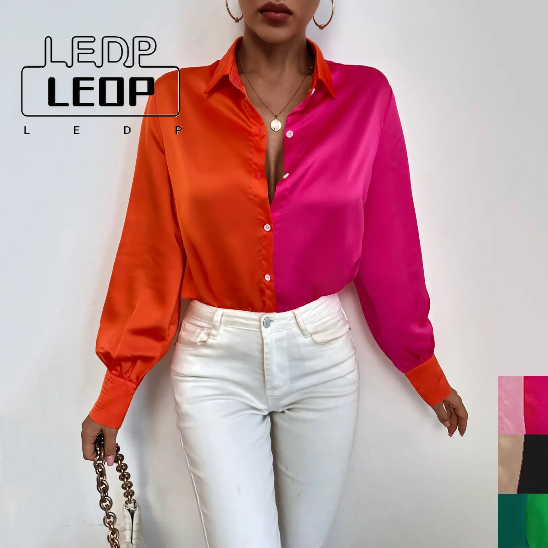 

LEDP Fashion Patchwork Chiffon Blouse 2022 Spring New Office Ladies Casual Commuter Lapel Long Sleeve Button Top Women