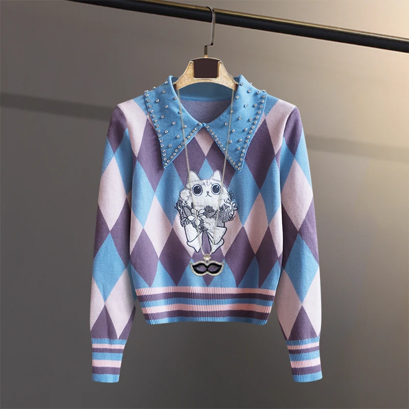 Женский трикотажный пуловер винтажный свитер контрастных цветов с мультяшной