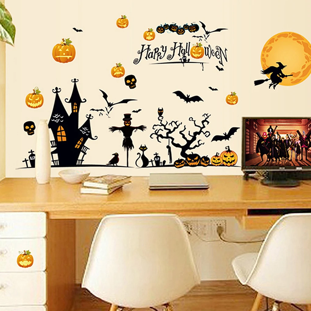 

6 шт. тематические наклейки на стену на Хэллоуин, украшение в виде тыквы, настенные наклейки для дома, офиса, Декор для дома с привидениями