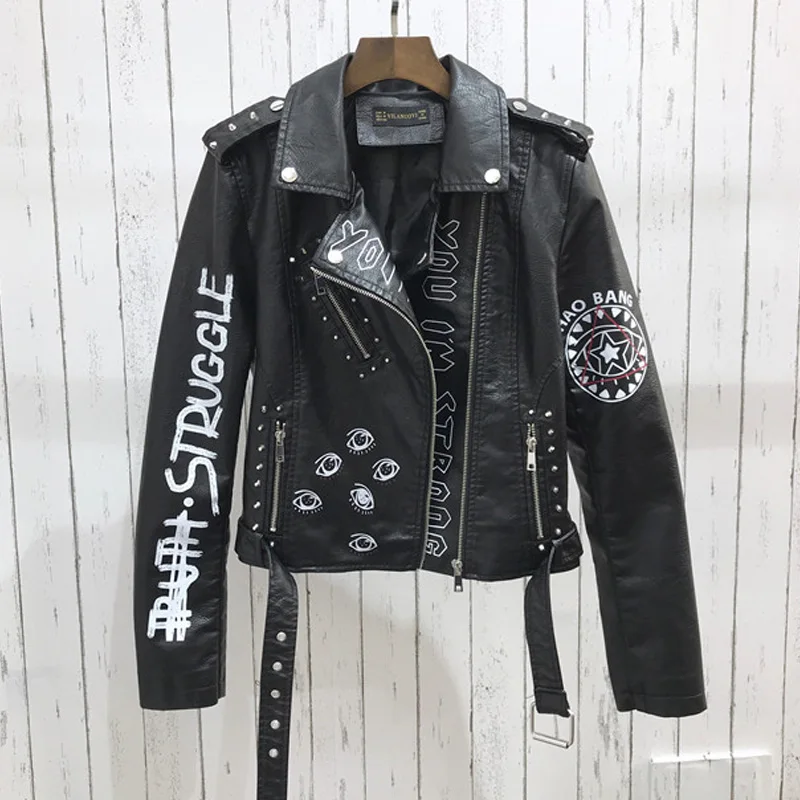 2021 New Autumn Women Winter Faux Leather Jackets Coats Lady Black PU Rivet Zipper Epaulet 3D print Motorcycle Streetwear Gothic