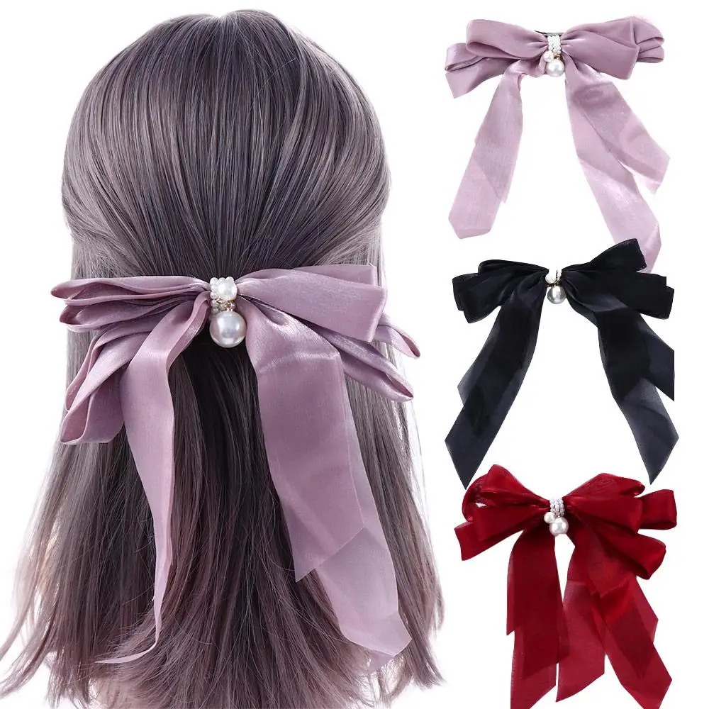 

Holder Headdress Pearl Streamer Female Chiffon Girl Korean Style Hairpin Snap Hair Clip Hair Accessories Bow Spring Clip