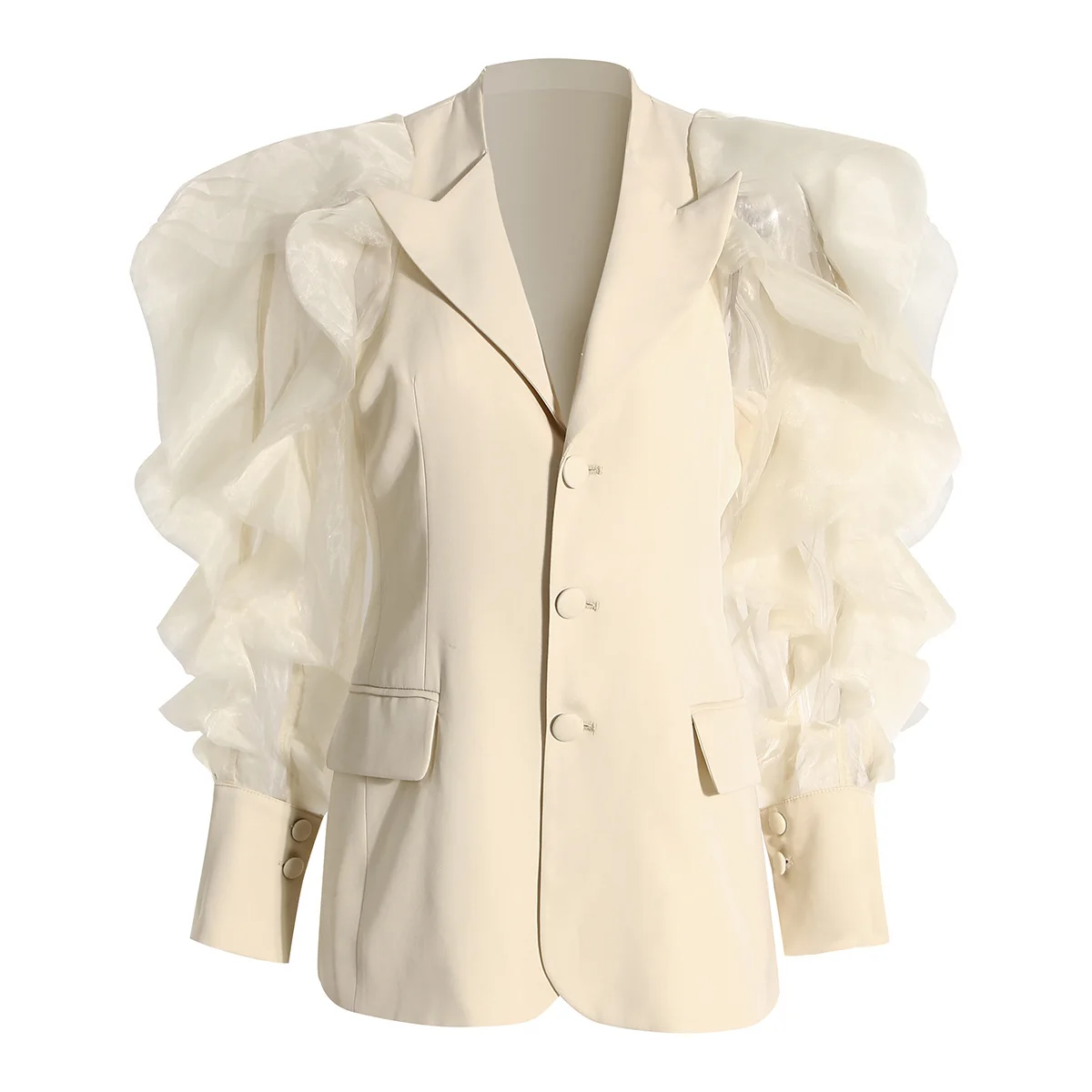 

SuperAen Spring Autumn 2022 New Solid Mesh Flounces Patchwork Single Breasted Full Suit Jacket Women Coat