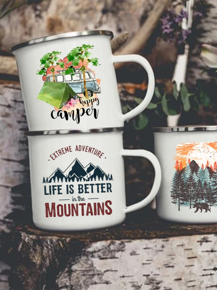 Adventure Forest Mountain Print Enamel Creative Coffee Water Milk Cups Camping Mugs Handle Drinkware Campfire Camper Mug Gifts