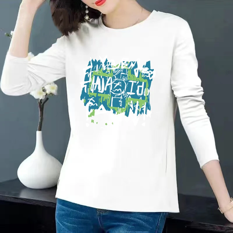 

Spring None Crew neck Cotton Women Regular Pullover Other Unisex T-Shirt Long Sleeve Letter