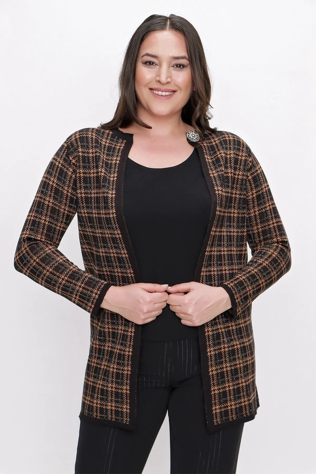 

Women's Cardigan Collar Brooch Plaid Crowbar Pattern Acrylic Knitwear Plus Size Black Casual Fashion Sweaters Jumper