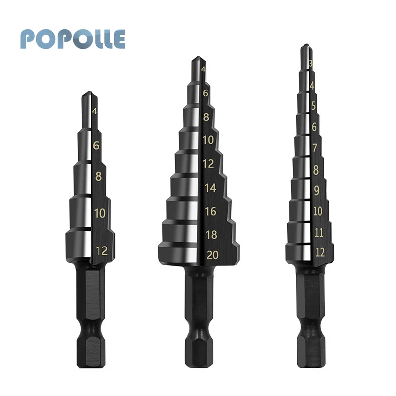 3PCS HSS Nitride Black Straight Fluted Drill Bits 3-12 4-12 4-20 Hex Shank Nitride Step Drill Set for Metal Wood Hole Saw