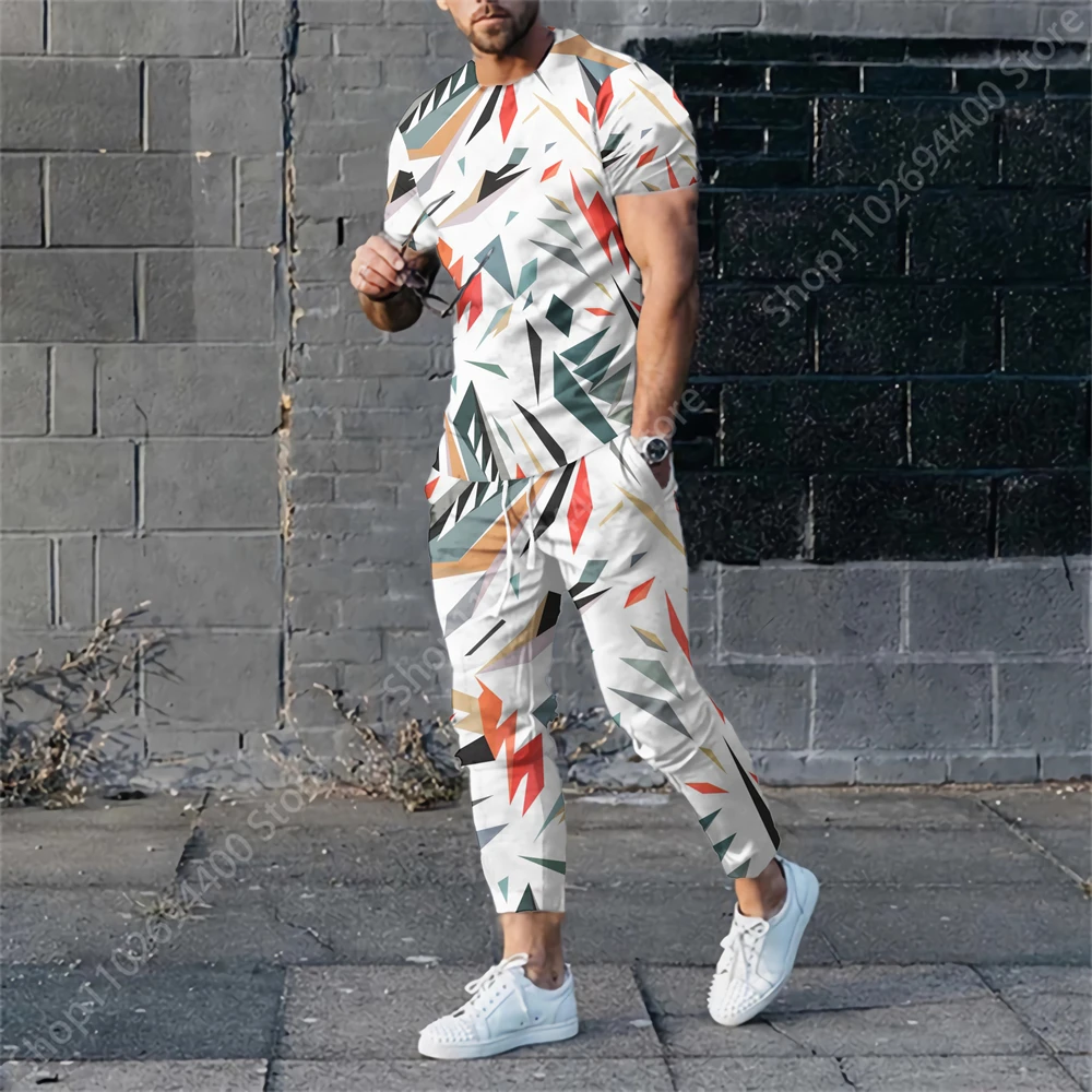 Men's Summer Tracksuit Stripe Print T-shirt Trousers Set Male Fashion Jogging Suit Casual Streetwear Vintage Outfit Clothing
