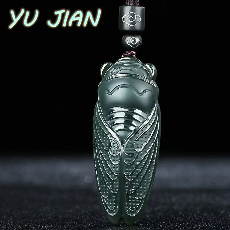 

Natural Hetian Cyan Jade Hand-Carved Cicada Black And Green Pendant Emerald Necklace Exquisite Men And Women With Chain Jewe