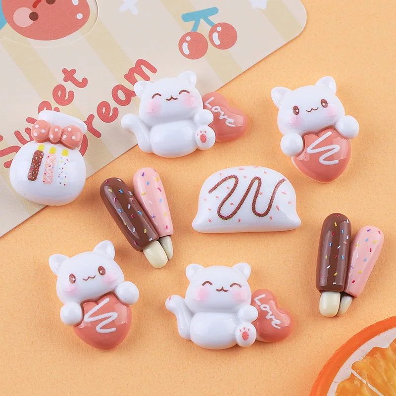 

100pcs Kawaii Cartoon Chocolate Cat Flatback Resin Cabochons Kids Clip DIY Headwear Accessories Scrapbook Decor Accessory