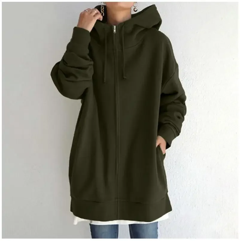 

2023 Autumn Women's Long Coat Black Warm Oversize Zipper Hooded Jacket Female Winter Casual Trendy Warm Loose Ladies Outerwear