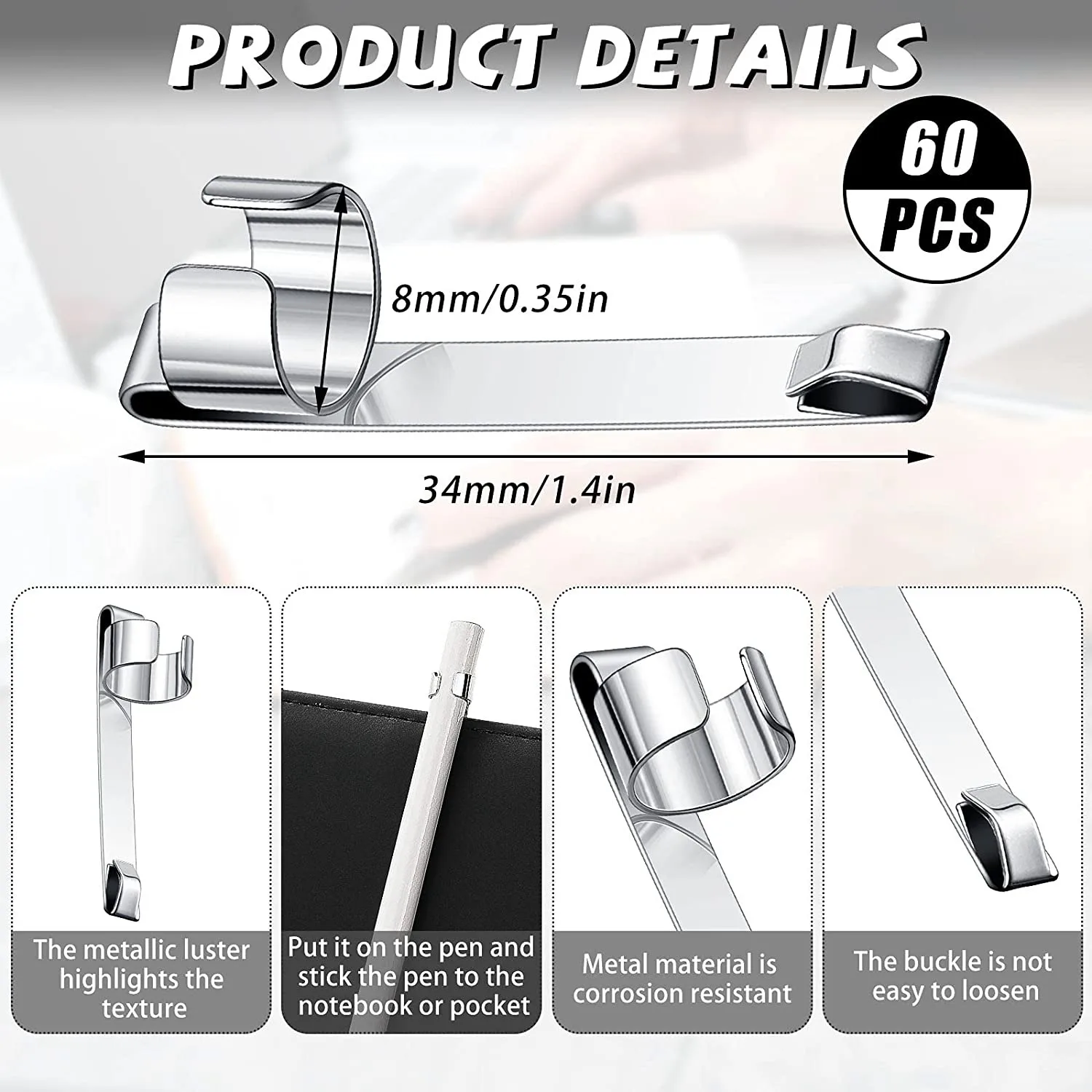 Clips Slide On Pencil Pocket Clips Snap In, Pencil Holder Clip Metal Hangable Portable Pencil Clips, 60 Pcs