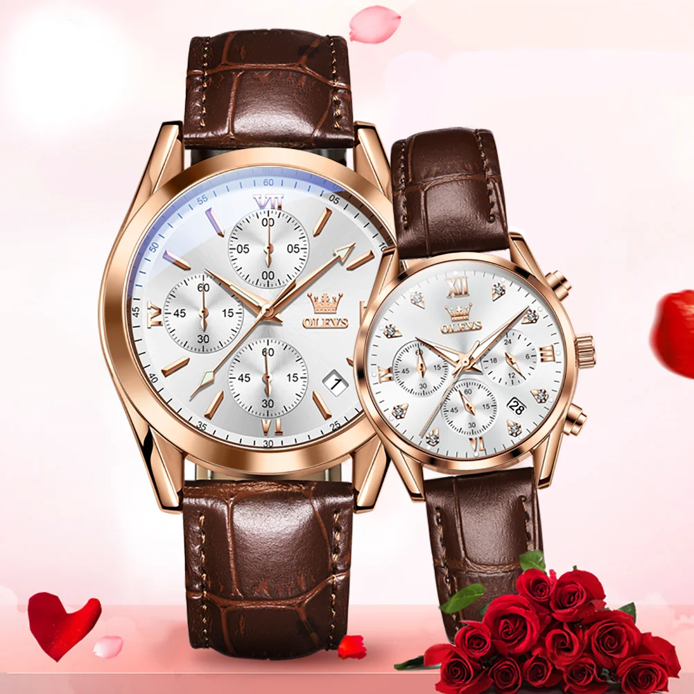 OLEVS Couple Watch for Men Women Waterproof Quartz Wristwatch Men Women Leather Strap Chronograph Design Lover's Watch Gifts