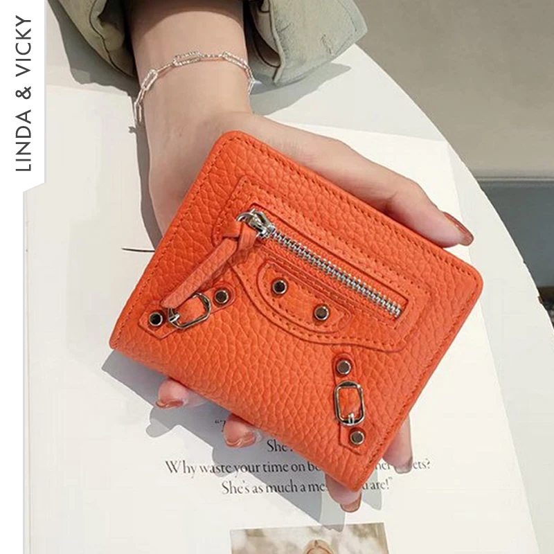 

Women Brief Paragraph Wallet Genuine Leather Card Multi-Function Small Bag Fashion Luxury Rivet Cowhide Fold Purse Bags 2022 New