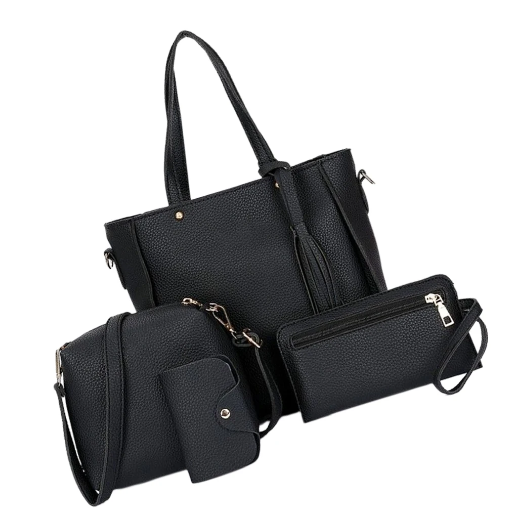

4 Pieces Women Bags Set Tassel Pendant Wallet Shoulder Messenger Tote Bag Fashion Decor Accessory Festival Gift Pink