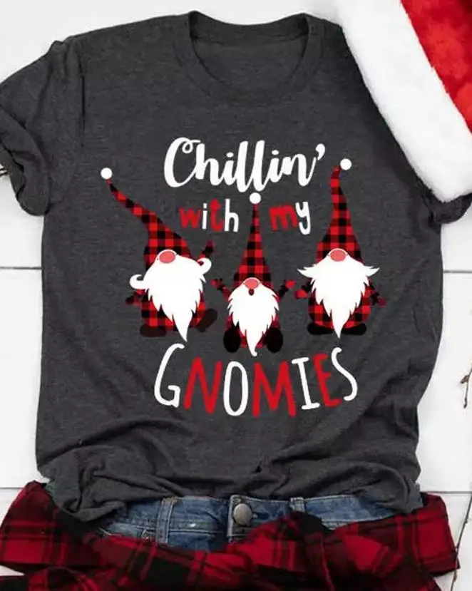

Women's Tops 2023 Sprin Summer Christmas Letter Gnome Print Casual T-Shirt Round Neck Short Sleeve Casual T-Shirt Top