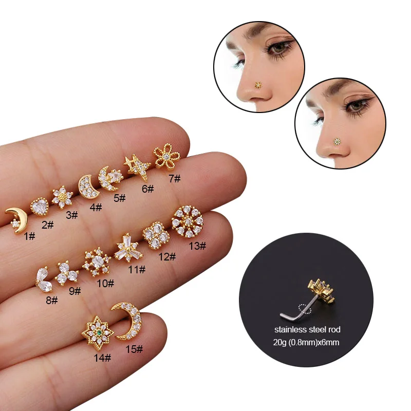 

1pc 20G Surgical Steel Nose Rings Stud for Women L Shaped Nose Studs Cubic Zirconia Moon Star Flower Heart Nostril Piercing Stud