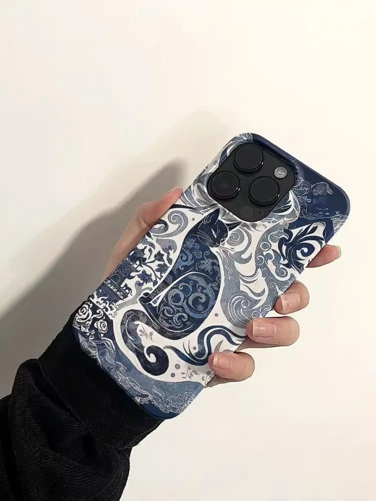 kreatywny INS Cat Totem Ink Tattoo Auspicious Artistic Fashion Etui na telefon iPhone 15 14 11 12 13 Pro Max Plus Back Cover