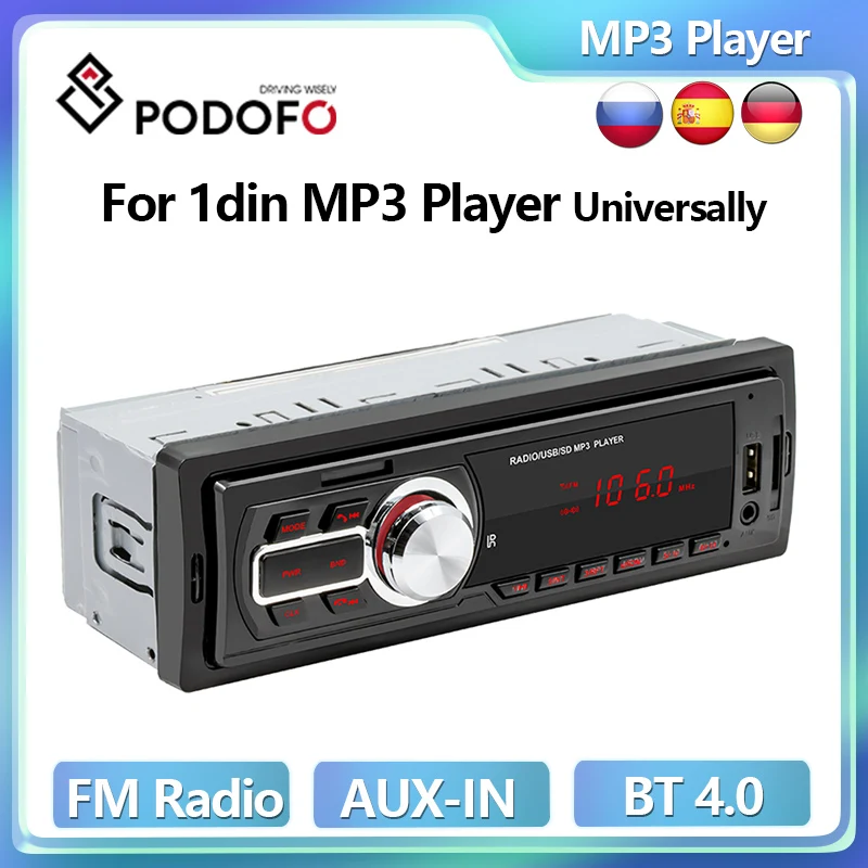 Автомобильный MP3-плеер Podofo, стерео-система с FM-радио, Bluetooth, разъемом AUX, USB/SD, Типоразмер 1 DIN