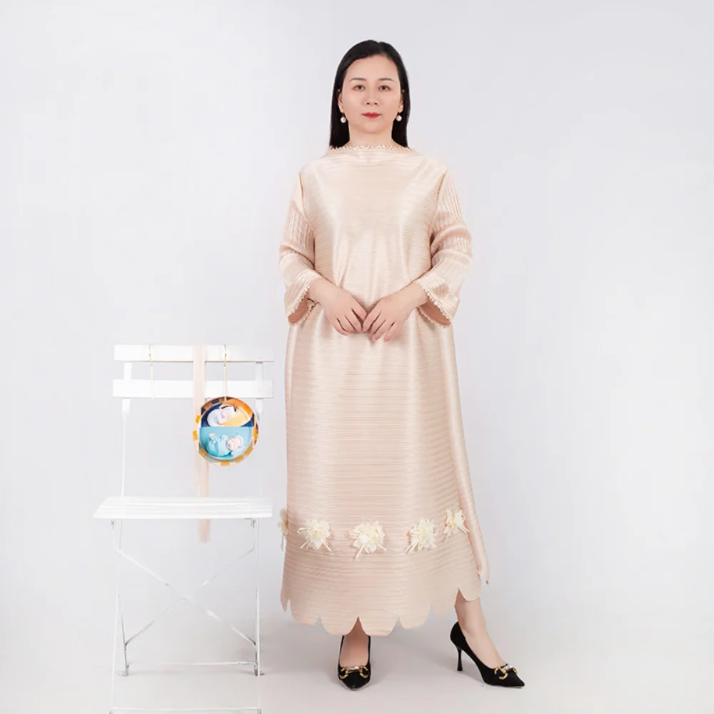 

Miyake Summer Solid Applique Dresses Loose Largr Size Fashion Elegant Casual Office Ladies Women's Dress Vintage Women Clothing