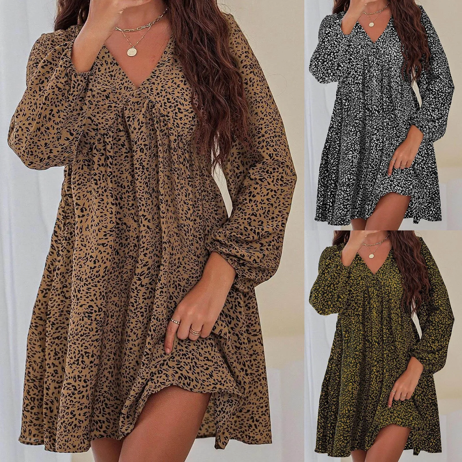 Loose V Neck Long Sleeve Lady Elegant Leopard Print Causal Dress Lady's Dresses Casual Women Fitted Dresses Ruffle Dress Women