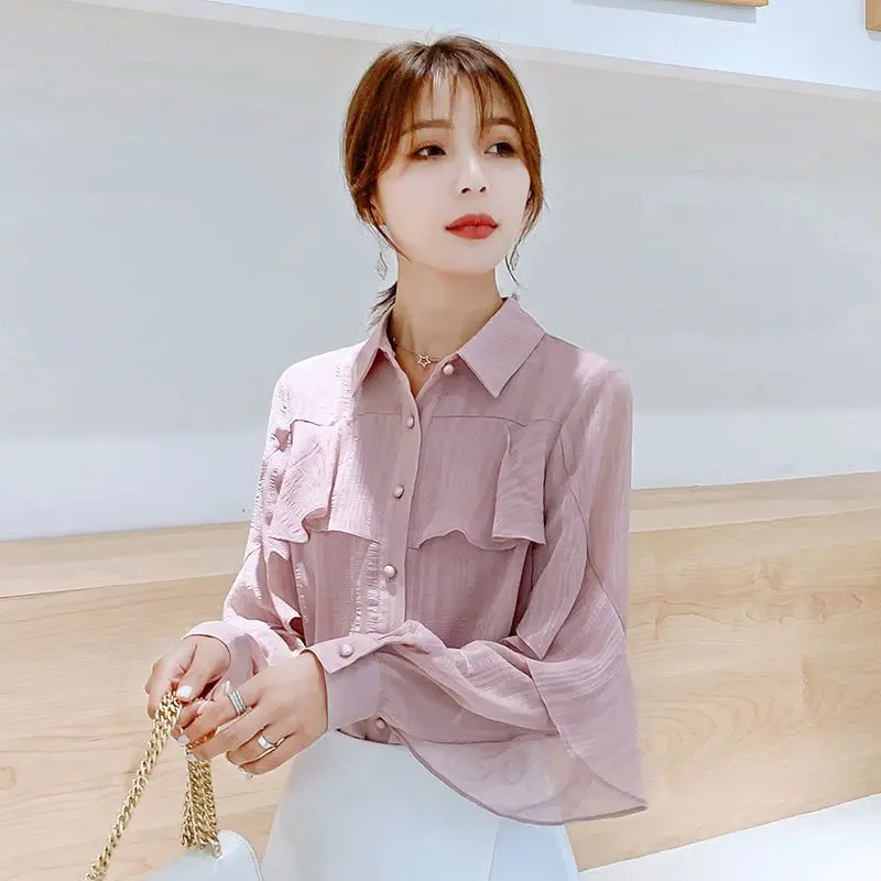 Chiffon shirt Women's 2023 spring and summer new fashion long-sleeved top Korean version loose women's shirt trend