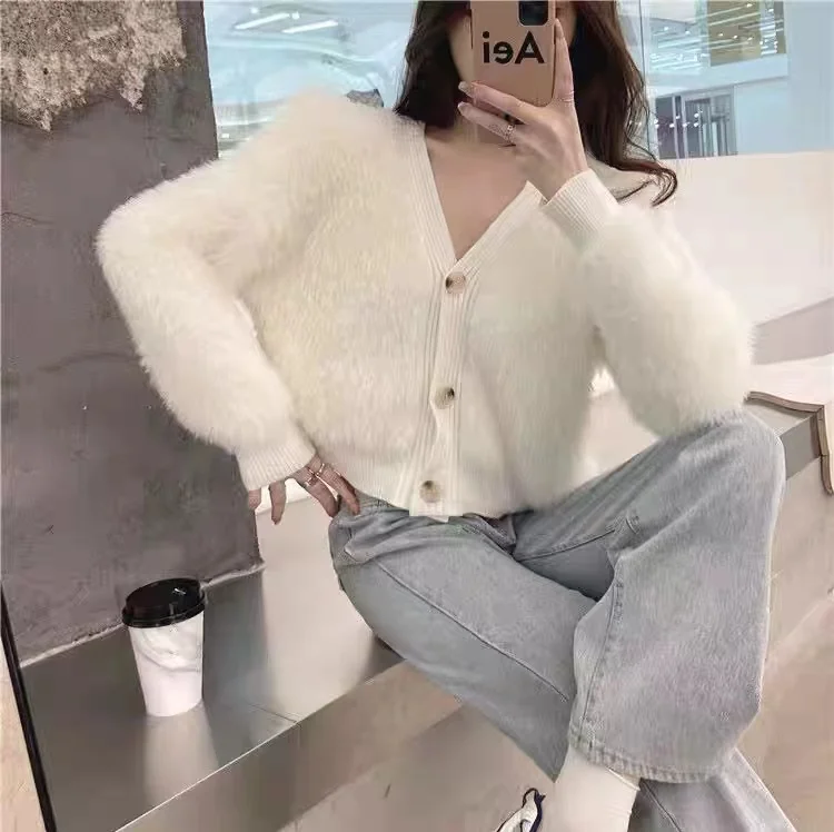 

Fau Mink Cashmere Sweater Cardigan Women Fall Winter 2022 Fashion V Neck Knitted Pink Cardigan Short Jacket Chic Jumpers