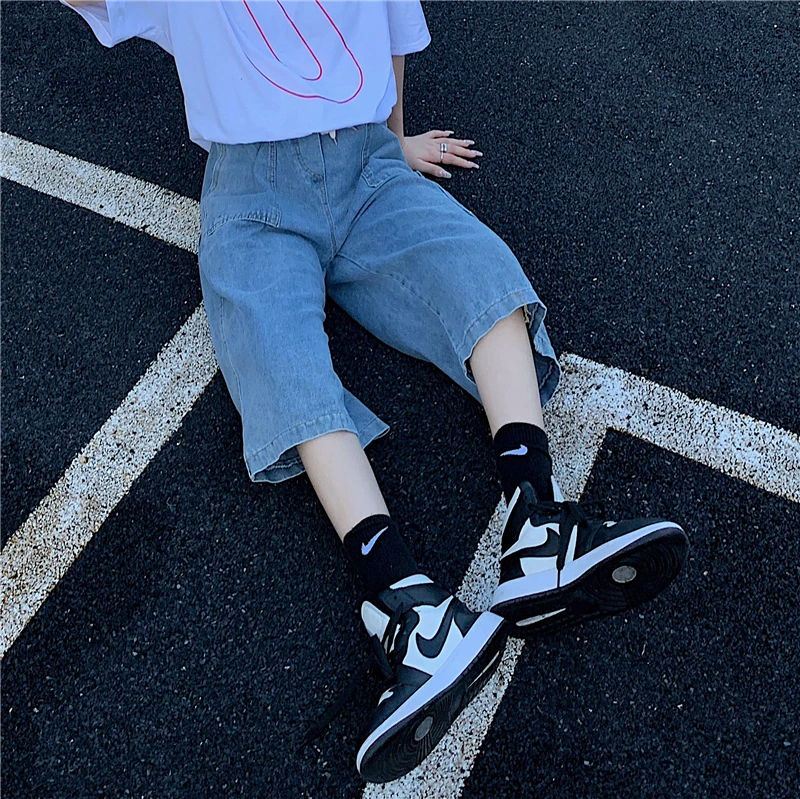 Men Hip-hop Harajuku Seven-point Jeans vintage Wide Leg Seven-point Pants Work With Casual Pants Women Straight Denim Shorts