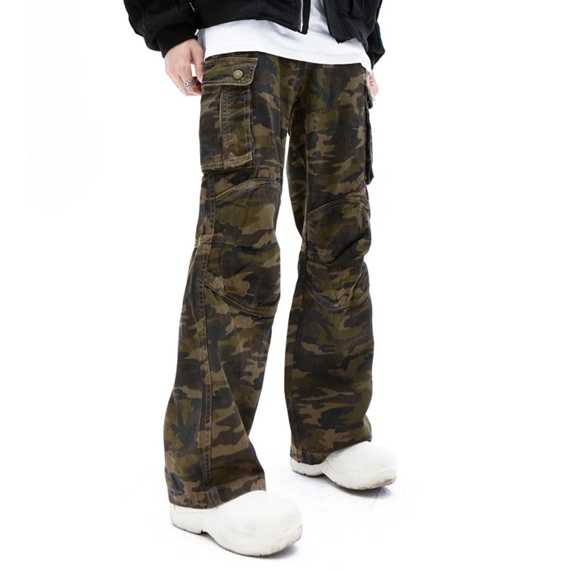 Streetwear Men Vintage Hip Hop Baggy Camouflage Cargo Pants Versatile Temperament Straight Cylinder Jeans 2022 Winter New Female