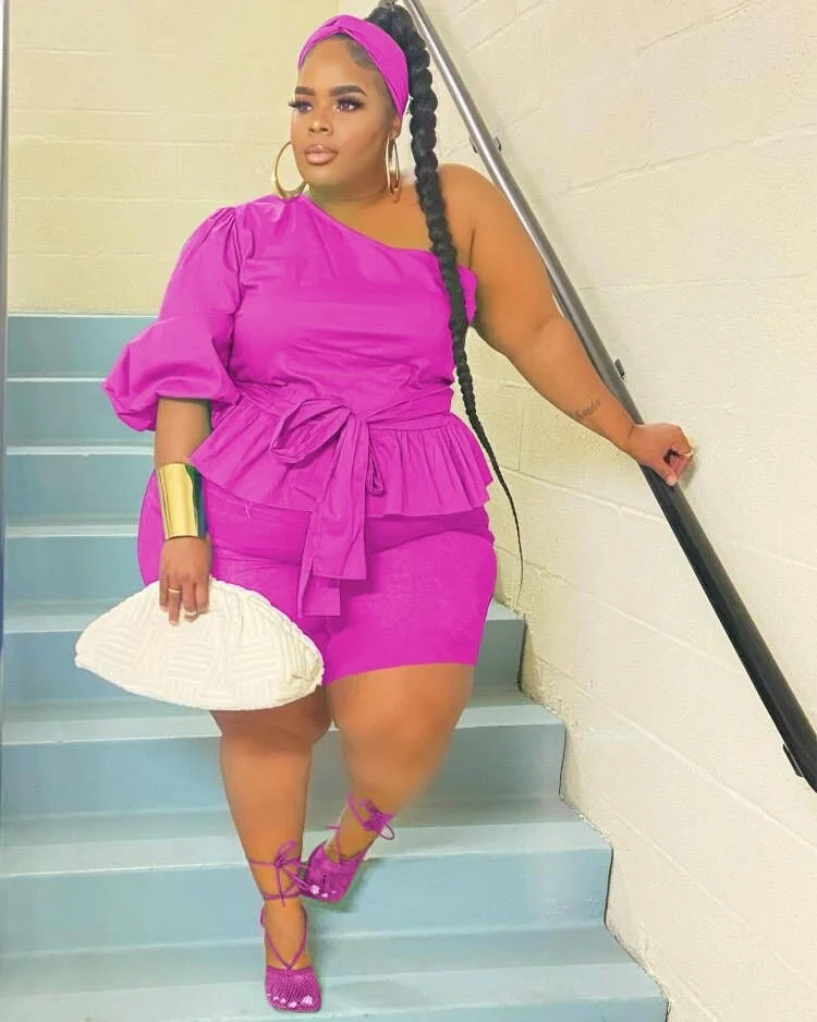 Plus Size Summer Oversize One Shoulder Women Two Pieces Set Ruffles Sash Short Sleeves t Shirt Tight High 3xl 4xl 5xl 6xl