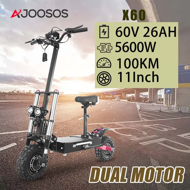

AJOOSOS X60 Scooter Electric 11 Off-road Tires 5600W 60V 26AH E-Scooter 100KM Range 85KM/H Max Speed Hydraulic Shock Absorption