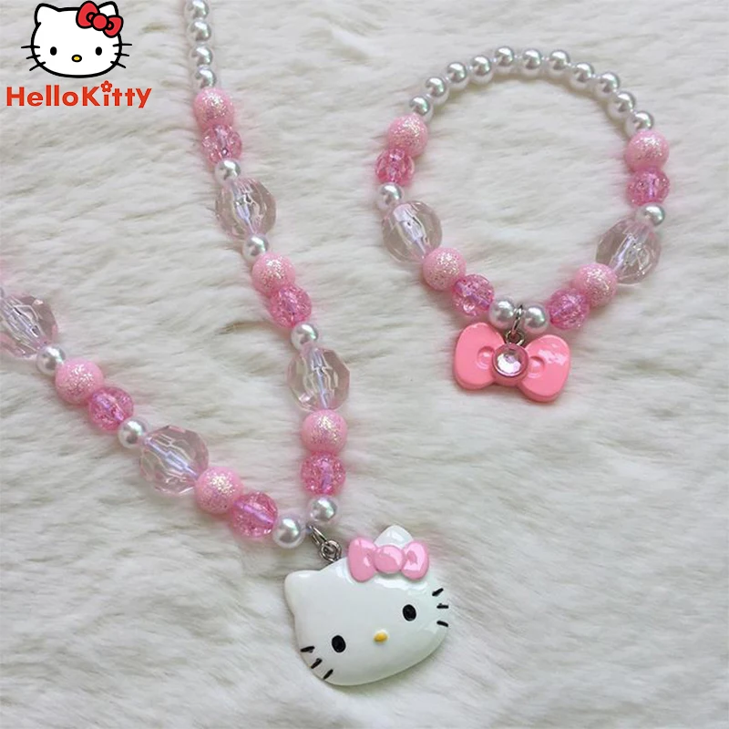 

Hello Kittys Y2K ожерелье браслет кольцо из трех частей набор Sanrio аниме Kawaii модный простой тренд милый бант аксессуары подарок