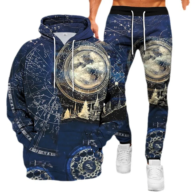 

Autumn and Winter Men's Sweater + Pants Two-piece Suit Men's Sun Moon Round Neck Hooded Long Sleeve Manufacturer Large Lovers 3D