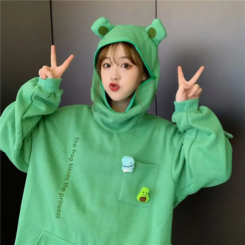 

Unisex Frog Zipper Hoodie Fleece Lined Springtime Embroidery Oversized Sweatshirt Harajuku Warm Pullover Korean Style Dropship