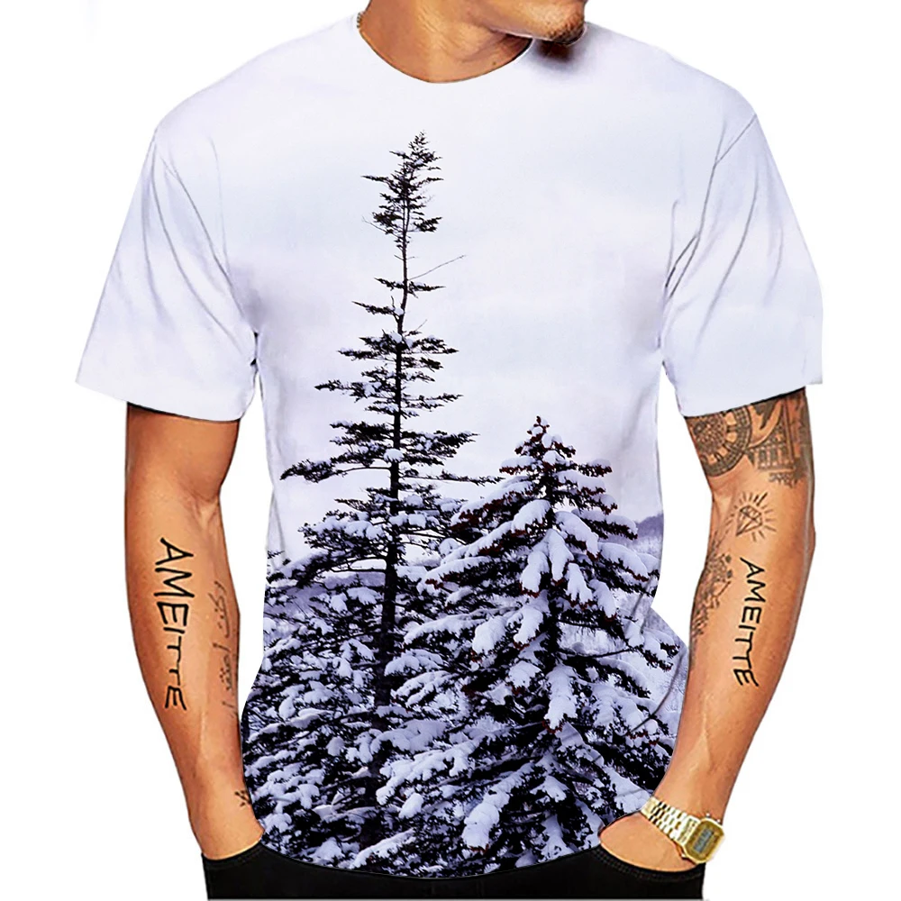 

New Summer Tide Snow Scenery Picture Men T-Shirts Casual 3D Print Tees Hip Hop Personality Round Neck Short Sleeve Tops