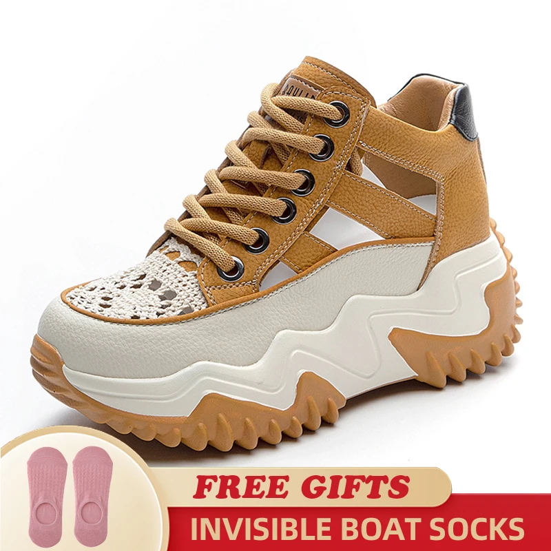 Mesh Genuine Leather Hollow Strap Design Comfy High Brand Breathable Shoes Chunky Sneakers Spring Summer Platform Wedge Shoes