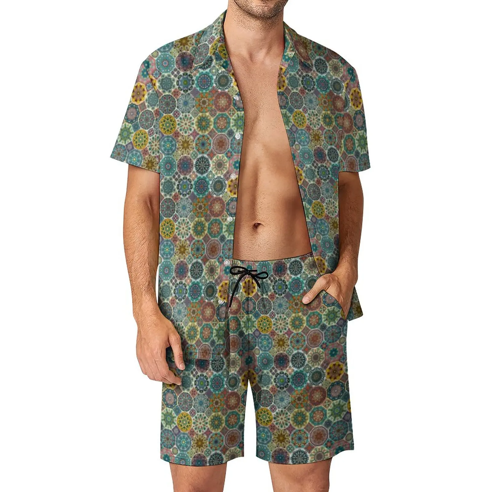 

Vintage Patchwork Print Vacation Men Sets Abstract Tile Design Casual Shirt Set Summer Graphic Shorts Two-piece Trending Suit