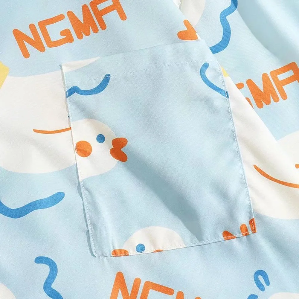 ERIDANUS Cartoon Cute Duck Printing Couples Short-sleeved Pocket Shirt Ins All-match Loose Design Niche Men's Shirt MCS196