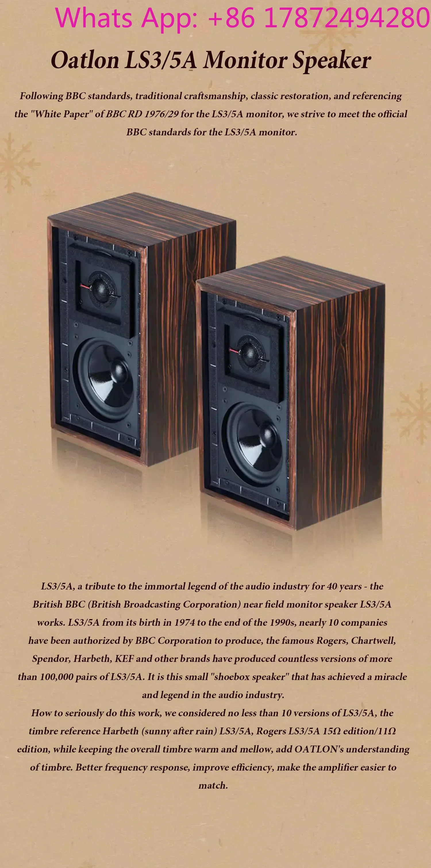 Фото Акустическая система LS3/5A HiFi: деревянные полочные колонки, пассивная конструкция, без потерь, без батареек №4
