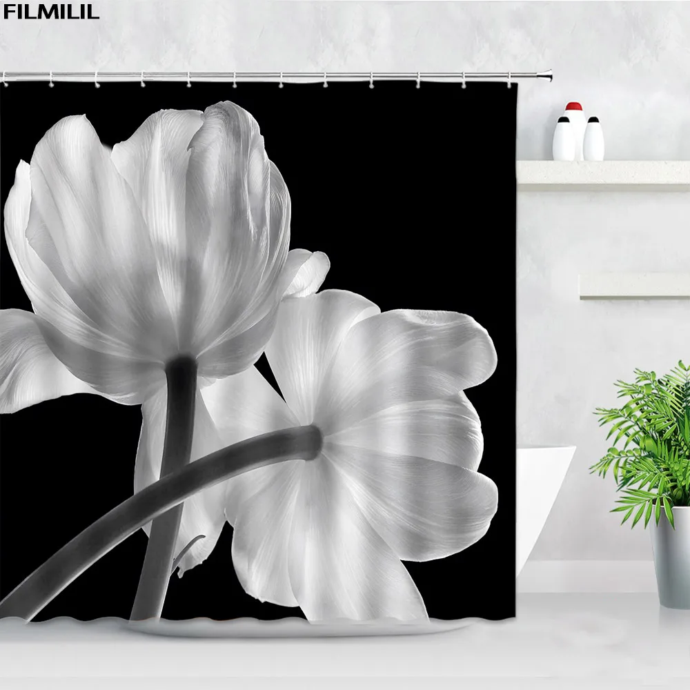 

Занавеска для душа с изображением белых цветов, s Nature, растения, черный фон, современная ткань, с принтом, декор для ванной комнаты, занавеска ...