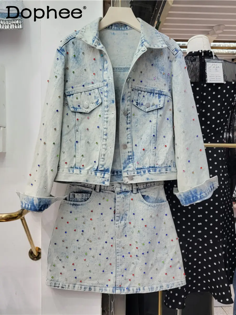 2023 Spring New Heavy Industry Colorful Diamond Denim Jacket Coat Women Outfits High Waist A- Line Mini Skirt Two-Piece Set Suit