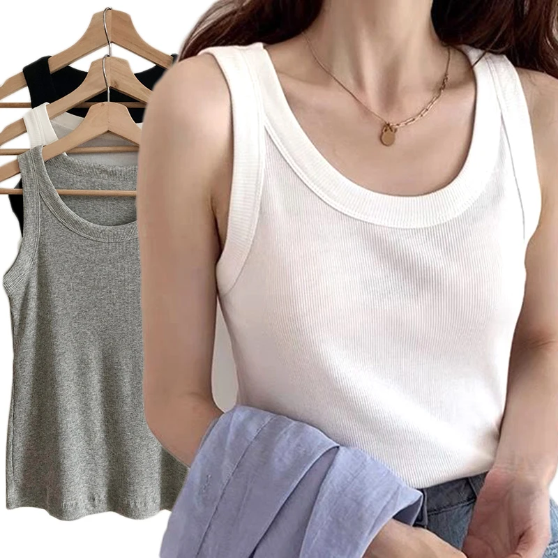 

Summer Slim Elastic Ribbed Knitted Vest Girls Sexy Sleeveless Cotton Solid Color Camisole Base Vest Tops Women's Intimates Tanks